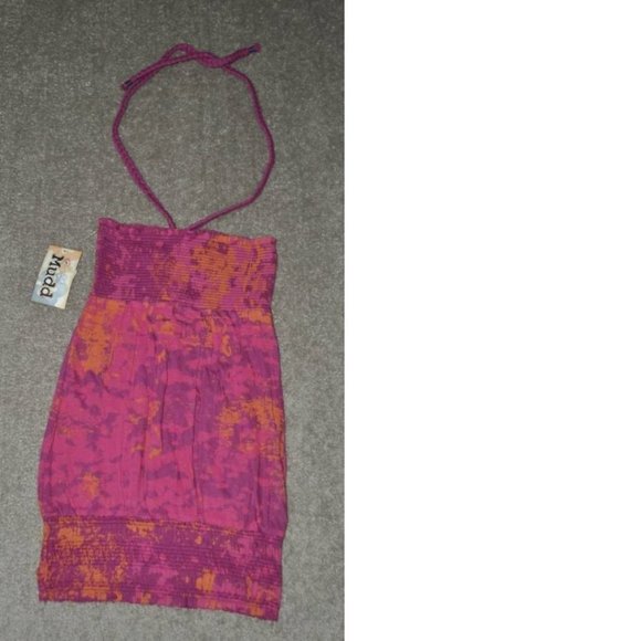 Womens Halter Tunic Mudd Pink Small Braided Straps Tie Dye Banded Hem Stretch - Picture 2 of 2